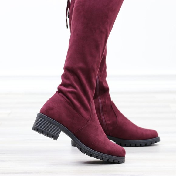 Wine Lug Sole Thigh High Boots Back Lace Tie - Picture 7 of 14